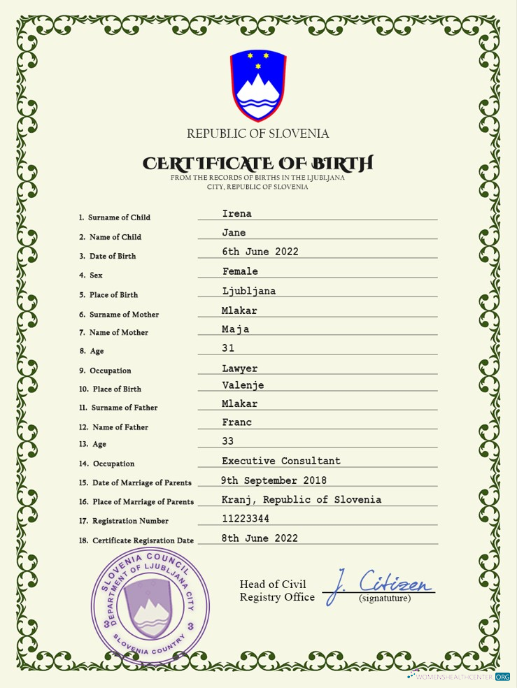 Download Slovenia birth certificate PSD template Photoshop template